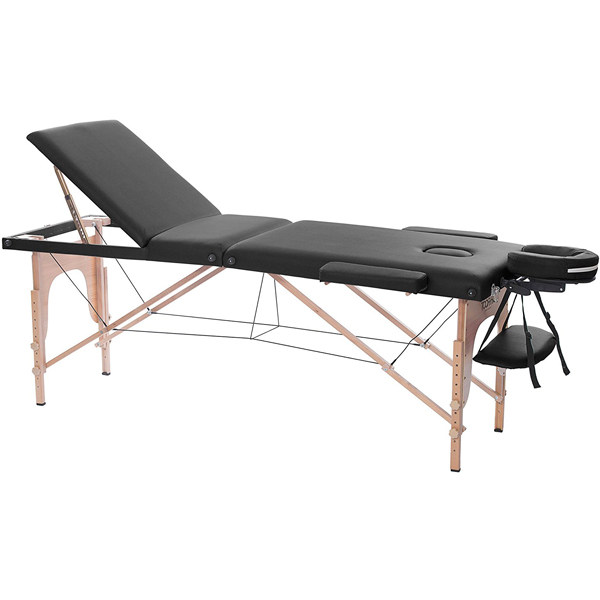 Lettino da massaggio portatile - Extra largo (70 cm) - Testa e poggiapiedi  inclinabili - Legno di faggio - Nero